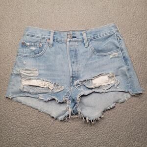 Levis 501 Shorts 28 Blue High Rise Cutoff Distressed Button Fly Original Fit
